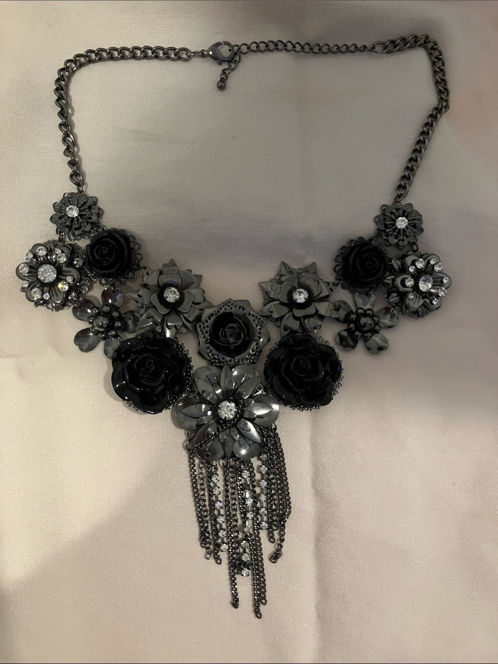Black Floral Statement Necklace with Crystal Accents
